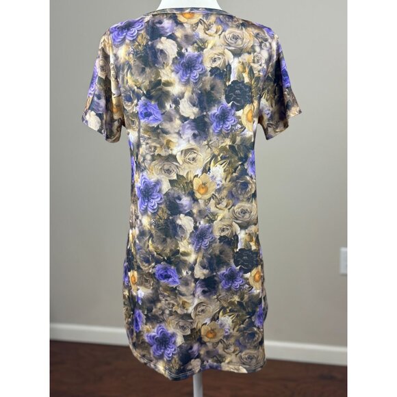 NEW LuLaRoe Womens Knit Tunic Top S Short Sleeve Purple Yellow Floral Scoop Neck - Picture 4 of 8